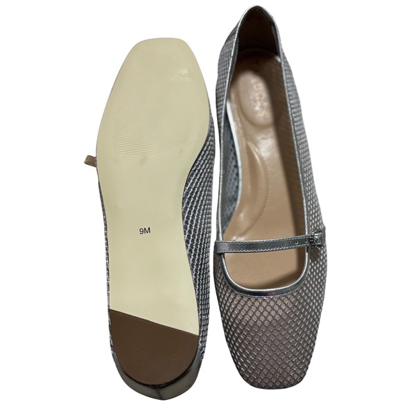 Talbots Silver Mesh Mary Jane Flats Metallic Leather Square Toe Shoes 9M Brazil - Picture 3 of 5